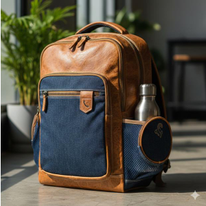 Navy denim and tan full-grain leather backpack in an outdoor courtyard, brass hardware and contrast stitching visible