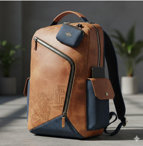 Tan leather backpack with navy denim panels and embossed cityscape engraving, brass hardware