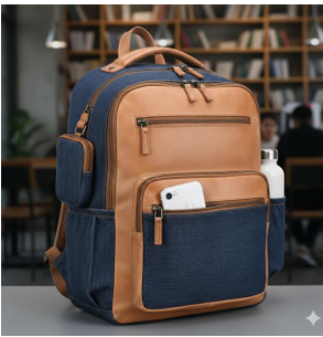 Navy denim and tan leather backpack in a library setting, water bottle in side pocket