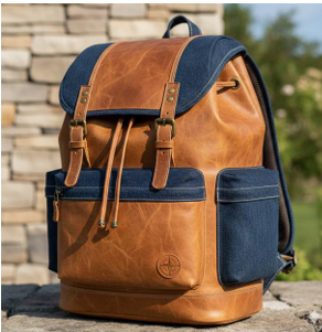 PARS denim and tan-leather backpack on a stacked-stone wall outdoors