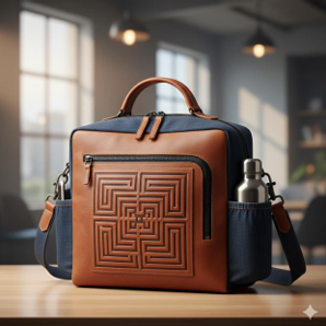 Detail of denim and tan leather briefcase with embossed maze motif, brass zip