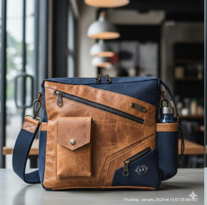 Tan leather messenger bag with navy denim accents on a café floor, cross-body strap, brass buckle hardware