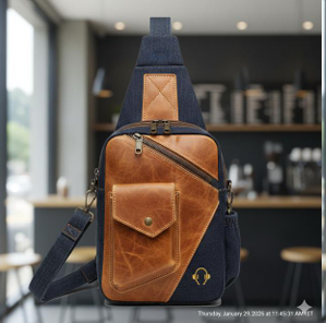 Cross-body sling bag in tan leather and navy denim worn over a shoulder in a café