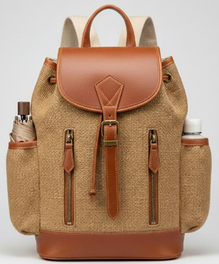 Classic jute drawstring backpack with cognac leather flap and side bottle pockets, brass buckle, studio shot