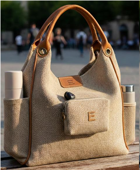 Cream hand-loomed jute hobo bag with cognac leather handle on a stone bench at golden hour