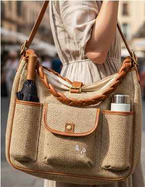 Woman walking on a cobblestone street carrying a hand-loomed jute hobo bag with cognac leather strap