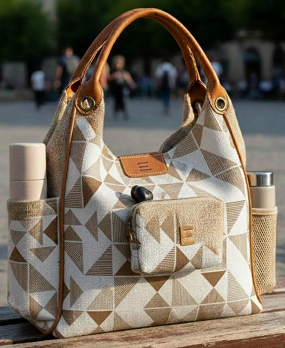 Jute hobo bag with woven beige geometric pattern and cognac leather handle, on a stone bench in soft sun