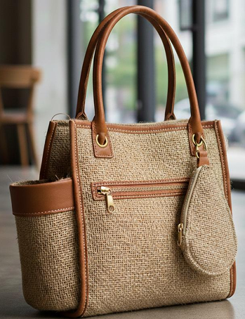 Hand-loomed natural jute tote with cognac leather handles and trim, photographed in a café window light