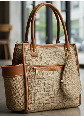 Natural jute tote with hand-embroidered leaf motif, cognac leather handles, photographed against soft daylight